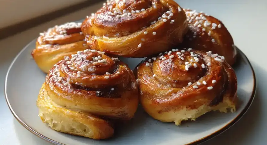 Färska kanelbullar med pärlsocker, redo att avnjutas. Ett perfekt kanelbullar recept för fikat.