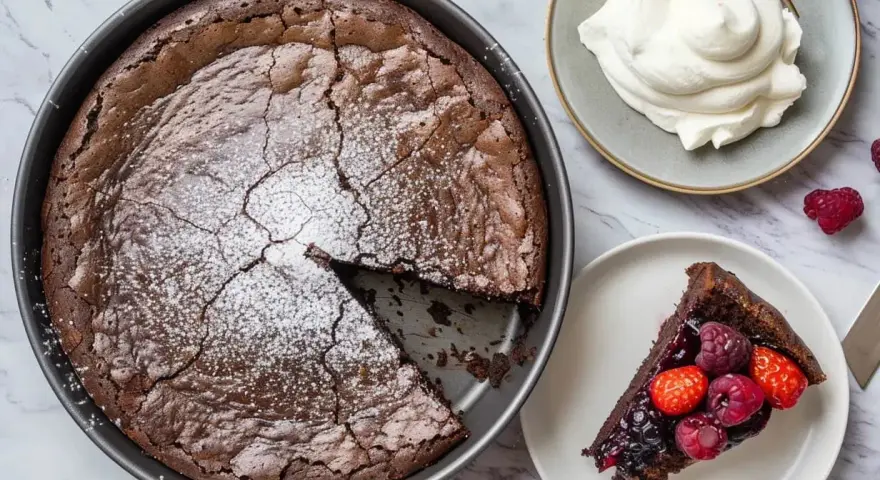 En saftig snabb kladdkaka i form, pudrad med florsocker. En bit serveras med bär och vispgrädde.