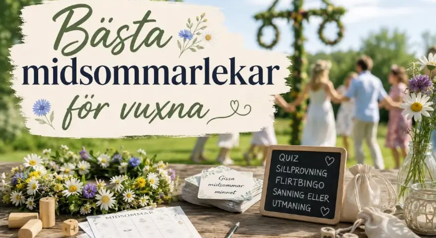 Bästa midsommarlekar för vuxna. En krans, spelkort och en liten svarta tavla med aktiviteter som quiz och utmaningar. I bakgrunden dansar folk runt en midsommarstång.
