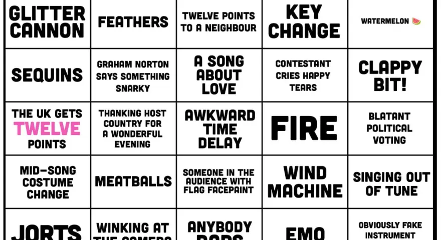Eurovision bingo-kort med rutor som "Glitterkanon", "Vattenmelon" och "Blatent politisk röstning". Perfekt för att spela eurovision bingo!