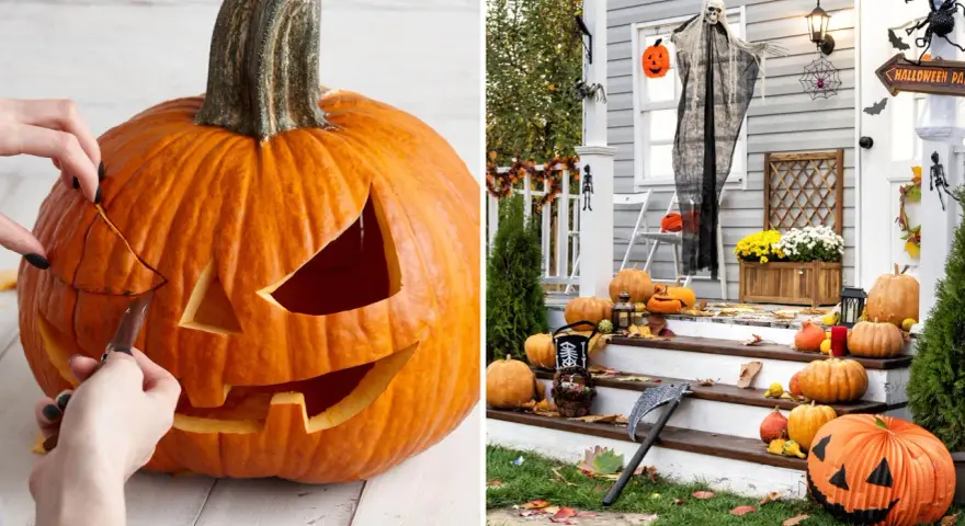 Förberedelser för halloween dag: en pumpa karvas och en husfasad dekoreras med pumpor, en spöklik gestalt och spindelnät.