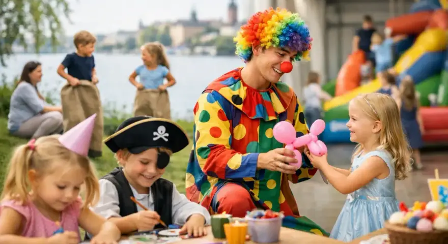 En clown med färgglad peruk gör ballongdjur till barn på en fest. En pirat och en flicka med partyhatt pysslar vid ett bord. En rolig aktivitet med barn.