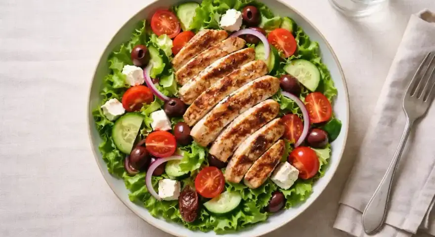 Enkel kyckling sallad med grillad kyckling, sallad, tomater, gurka, oliver och fetaost. Ett perfekt kyckling recept enkelt för en snabb lunch.