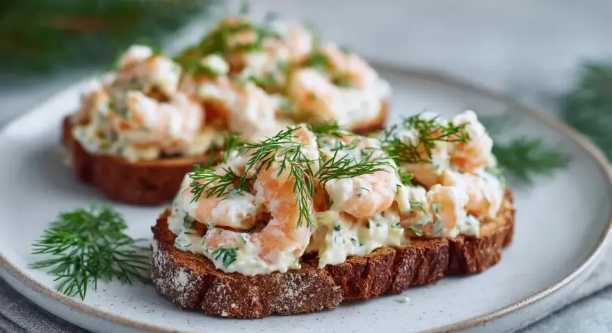 Två toast Skagen på mörkt bröd, toppade med räkor, majonnäs och dill. En klassisk svensk delikatess.