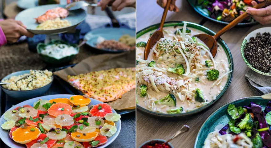 Härliga mat tips för en festmåltid: en färgsprakande citrus- och pistagesallad, krämig fisk med broccoli och quinoa.