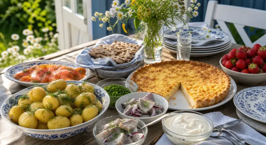 En härlig midsommar afton-buffé med sill, lax, färskpotatis, paj och jordgubbar dukas upp utomhus.