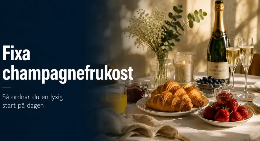 En lyxig champagnefrukost med croissanter, bär och bubbel. Perfekt för att fira studenten!