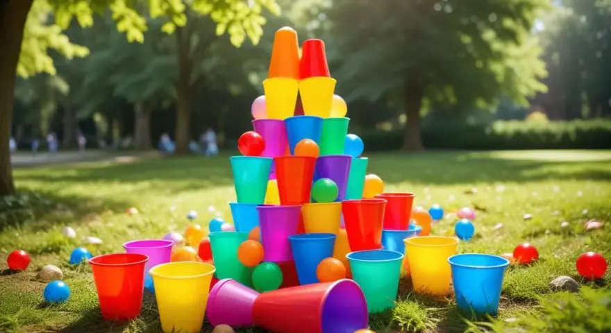 Färgglada plastmuggar och bollar ligger utspridda på gräset, redo för roliga 5 kamp lekar i parken.