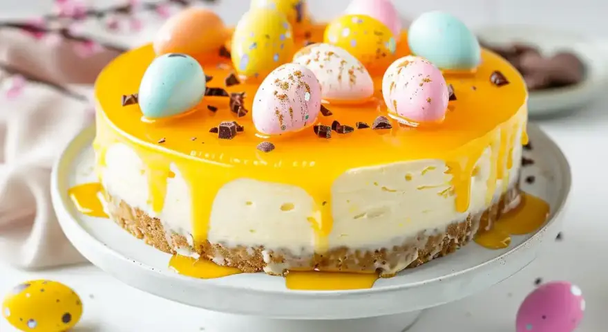 En vacker cheesecake påsk med gul glasyr och dekorerade påskägg. Perfekt för påskfirandet!