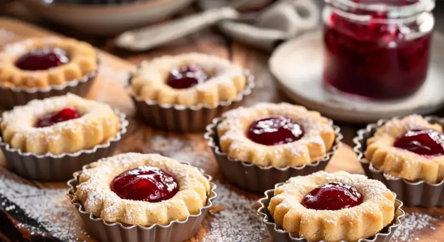 Små hallongrottor, perfekta för fikat. Ett enkelt hallongrottor recept ger dessa söta bakverk med sylt i mitten.