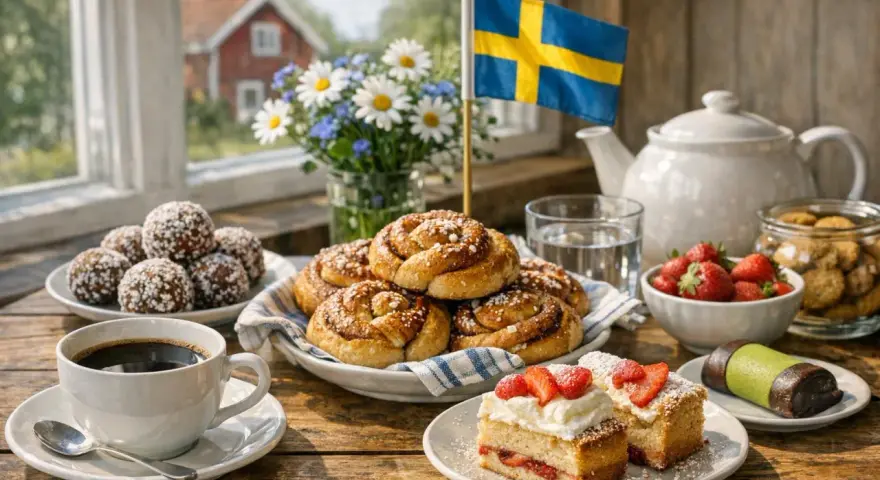 En fika med kanelbullar, jordgubbstårta, chokladbollar och en svensk flagga. Typiskt svenskt!