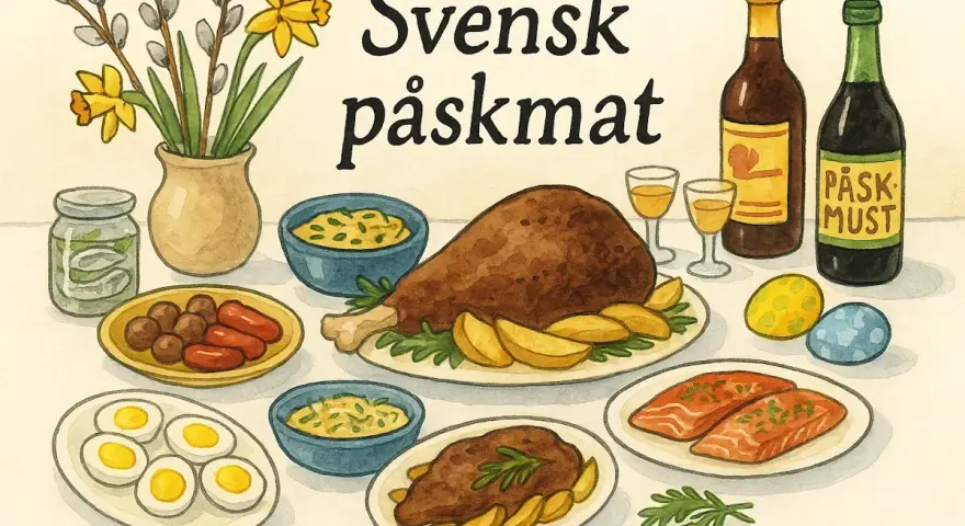 En illustration av ett festligt bord med svensk påskmat: köttbullar, prinskorv, lax, ägg, kalkon, potatis, påskmust och påskris.