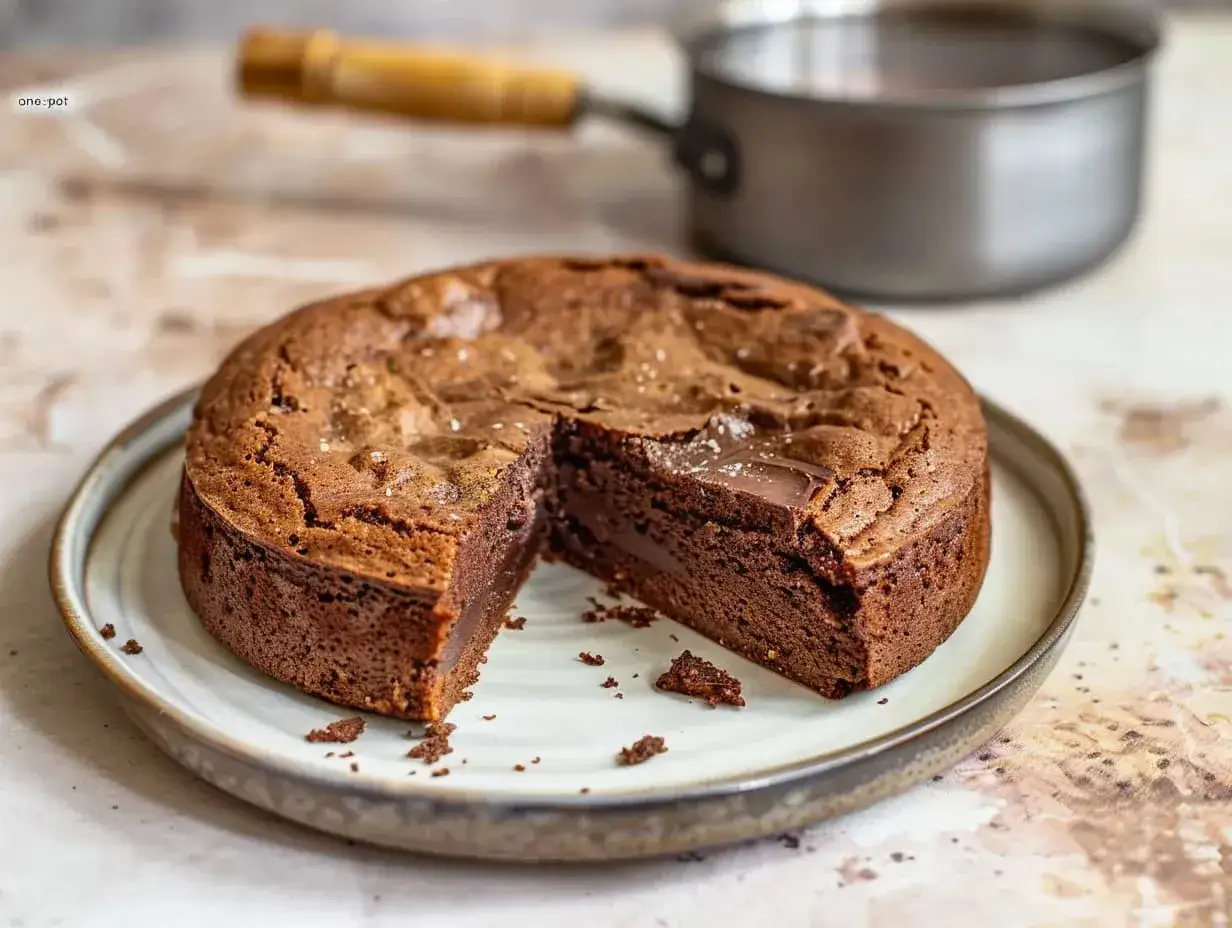 En saftig kladdkaka med en bit borttagen, perfekt f&ouml;r en kladdkaka dag. En kastrull syns i bakgrunden.