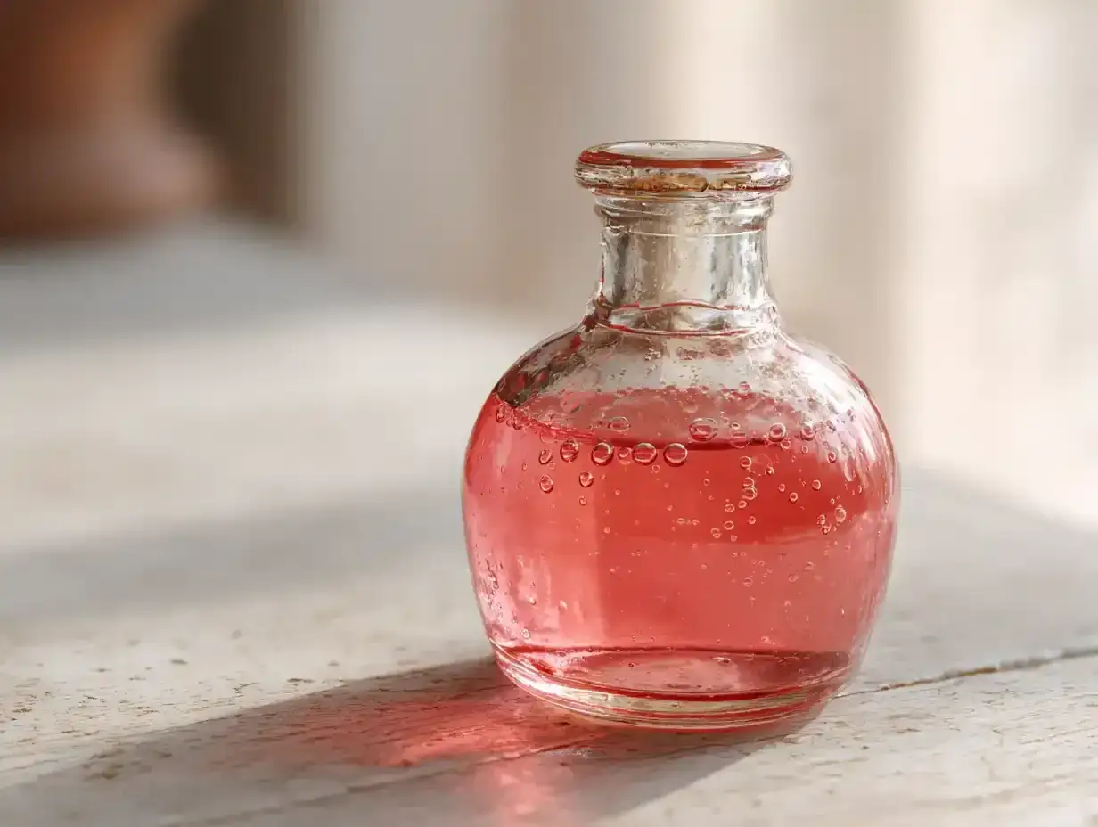 En liten glasflaska med rosa rabarbersaft med citron, bubblor syns i v&auml;tskan.