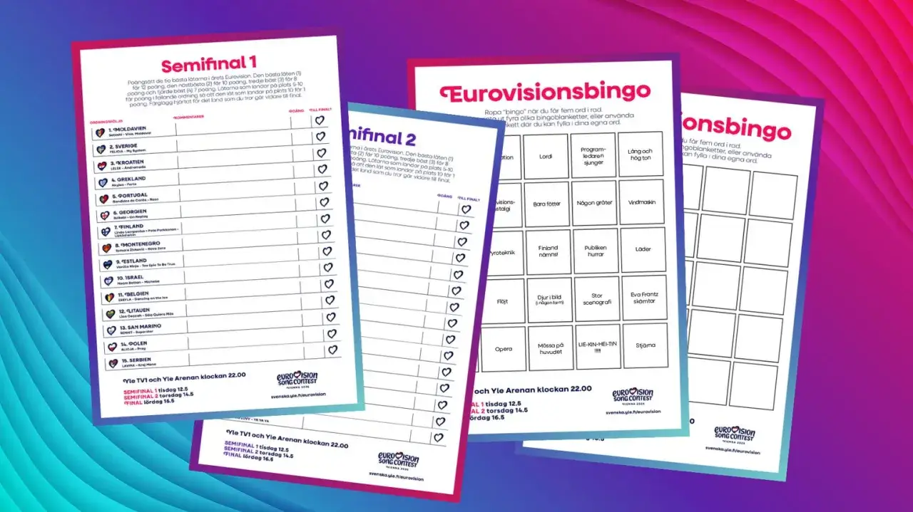 Eurovisionbingo-ark med listor f&ouml;r semifinaler och bingobrickor. Perfekt f&ouml;r att spela eurovision bingo under t&auml;vlingen!