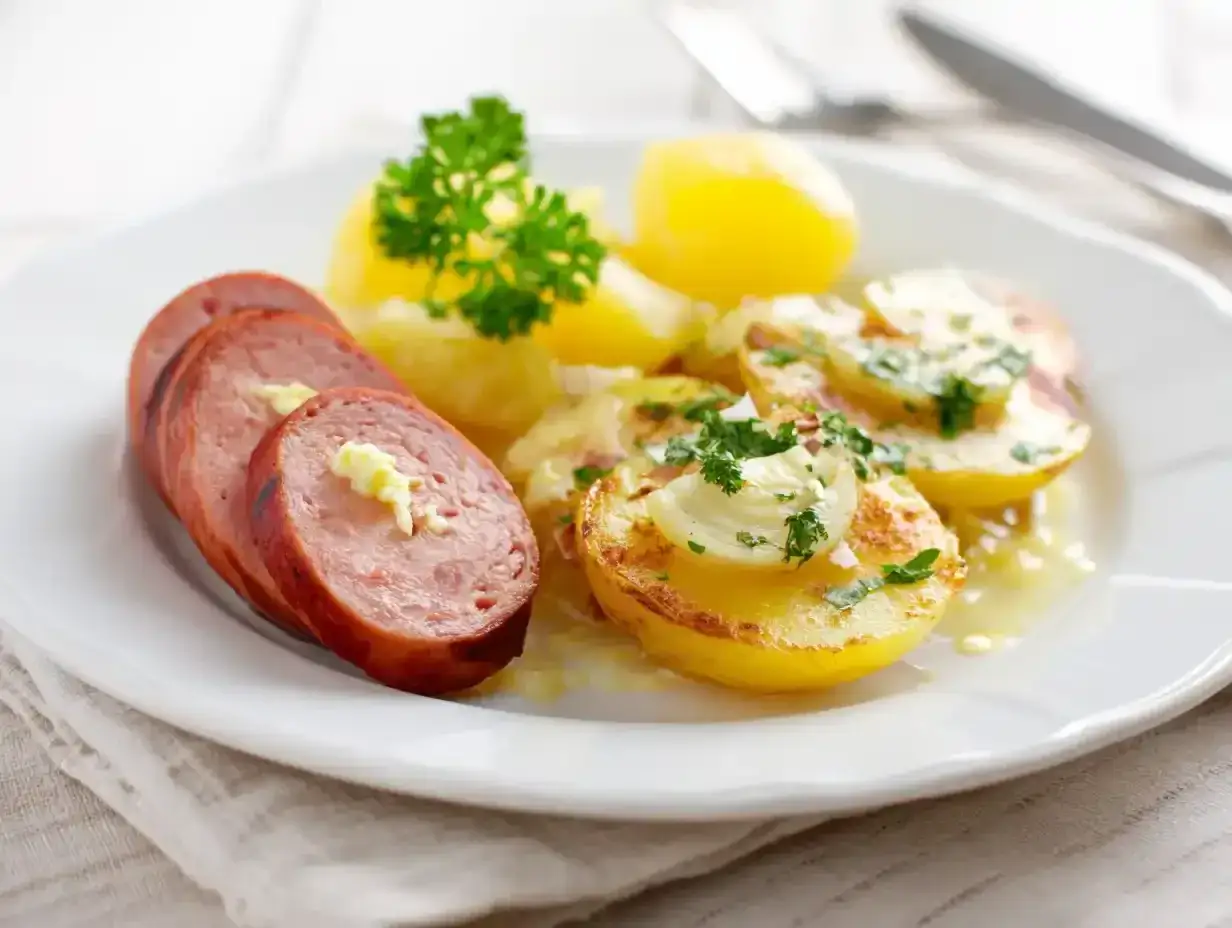 Skivad falukorv i ugn med potatis och persilja. En klassisk svensk rätt som värmer själen.