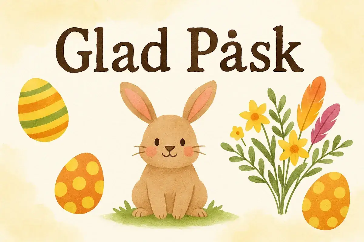 Glad Påsk! En söt kanin sitter bland påskägg och blommor.