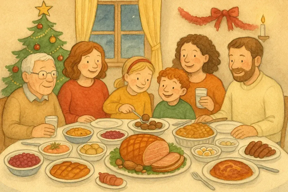 En familj samlas f&ouml;r jullekar vid bordet, med julgran och en festlig m&aring;ltid.