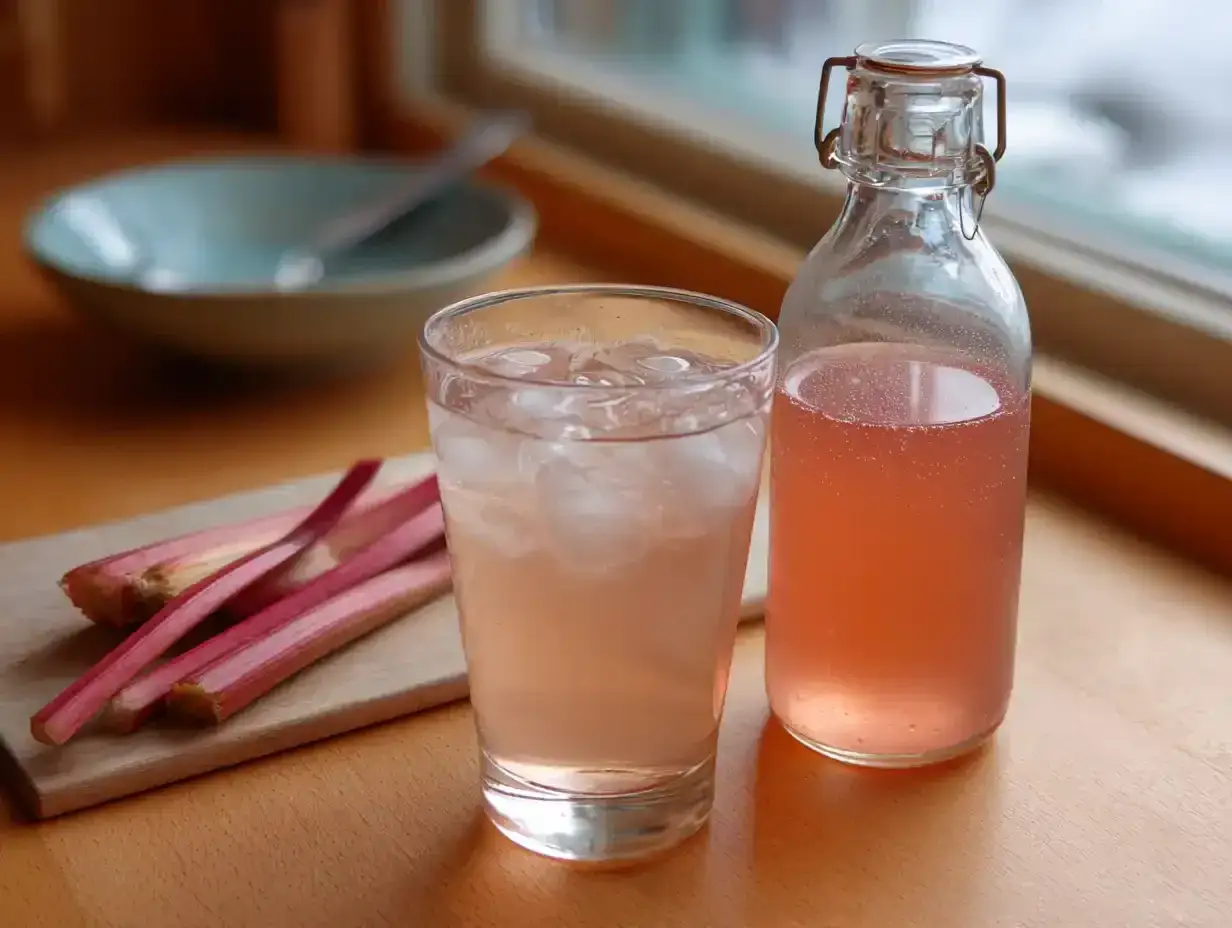 Rabarber sockerlag i ett glas med is och en flaska med rosa dryck.