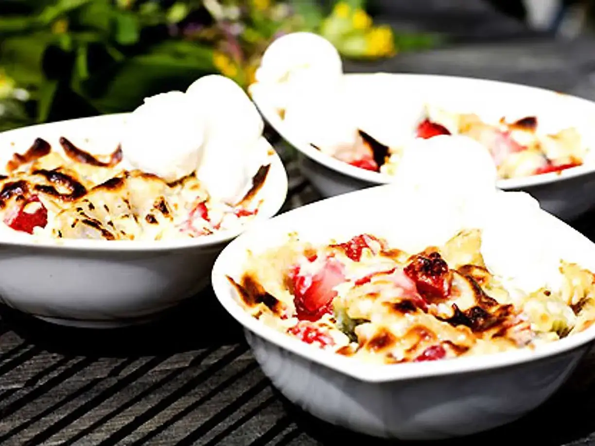 Tre skålar med varm smulpaj med jordgubbar och vaniljglass, ett perfekt Gino recept för en sommardessert.
