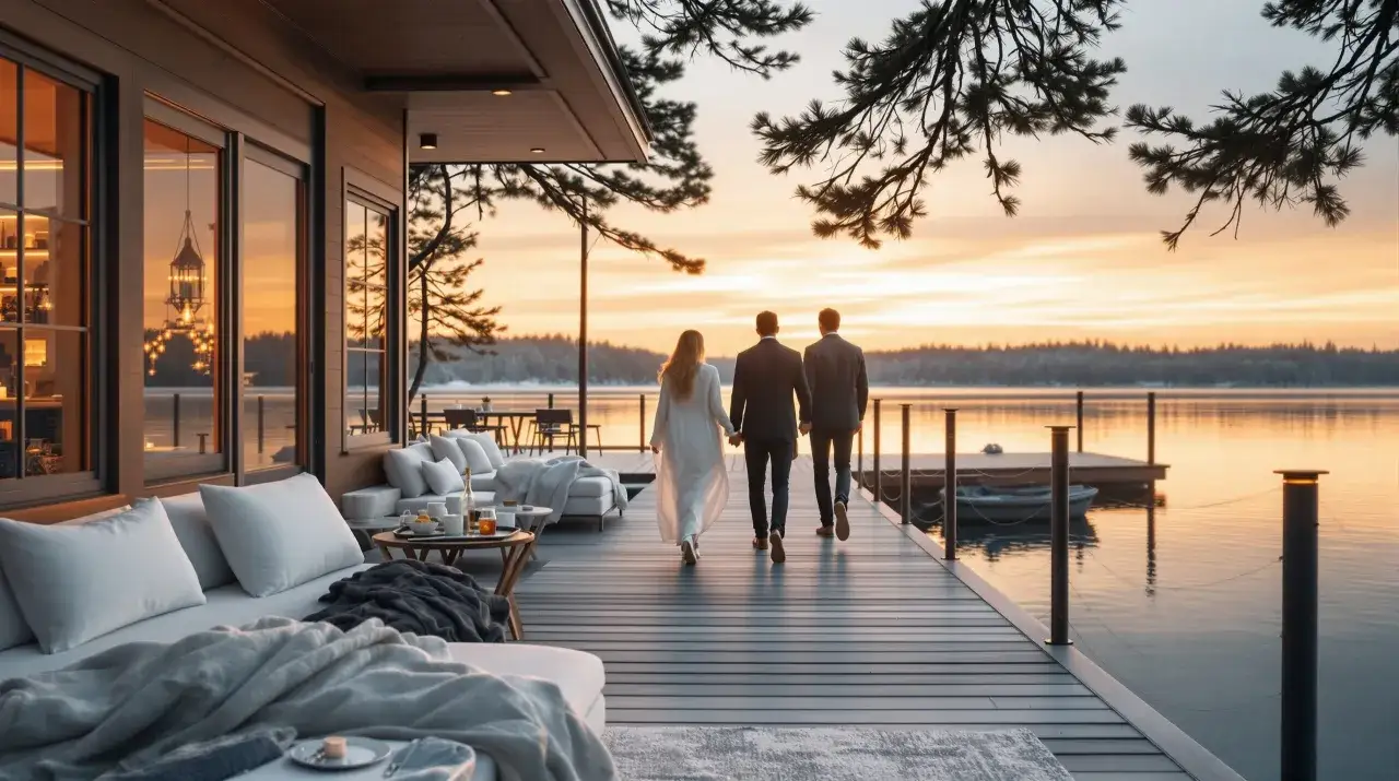 En kvinna och tv&aring; m&auml;n g&aring;r hand i hand p&aring; en brygga vid en sj&ouml; i solnedg&aring;ngen. En lyxig lodge med bekv&auml;ma sittplatser syns till v&auml;nster. En av m&aring;nga unika hotell Sverige erbjuder.