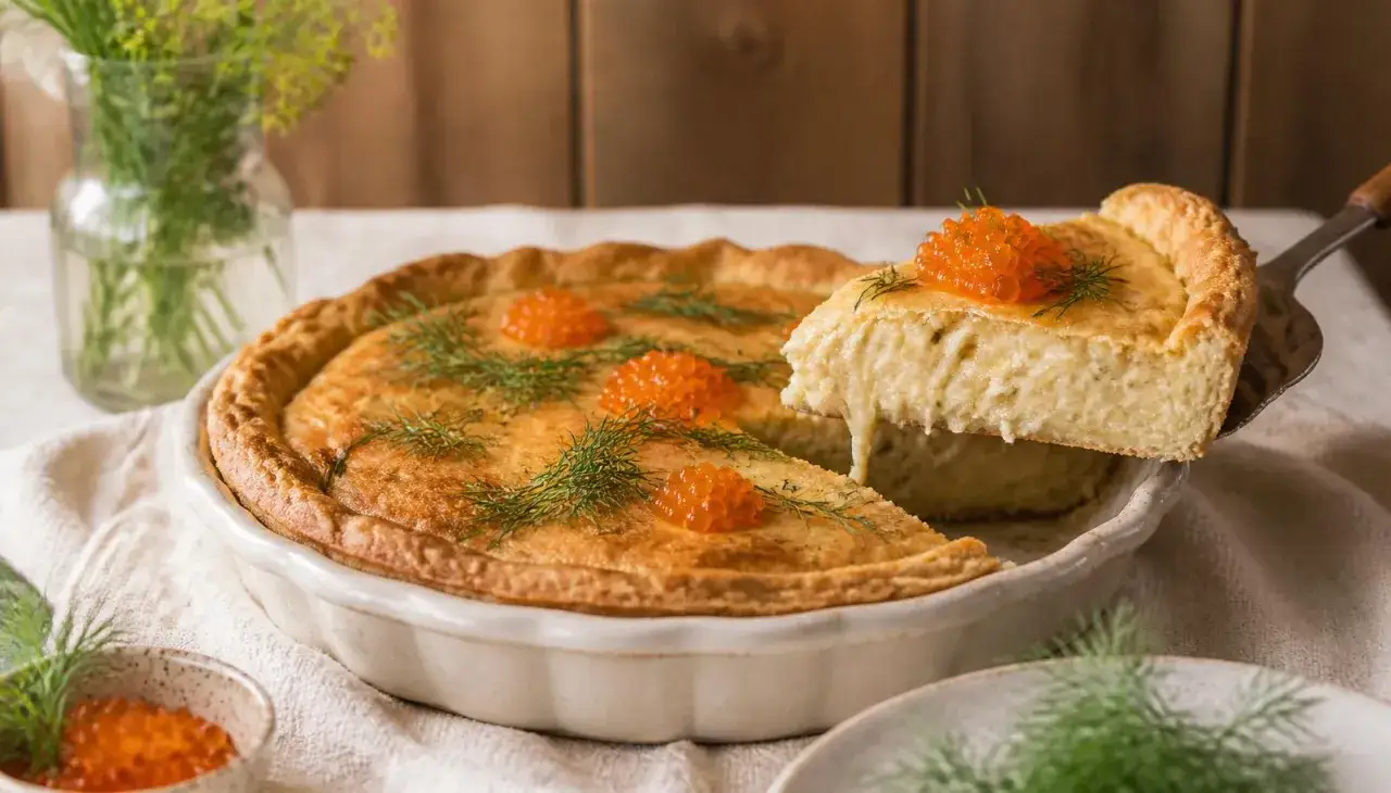 En gyllene paj med en härlig glutenfri pajdeg, toppad med rom och dill. En bit lyfts upp och visar den krämiga fyllningen.