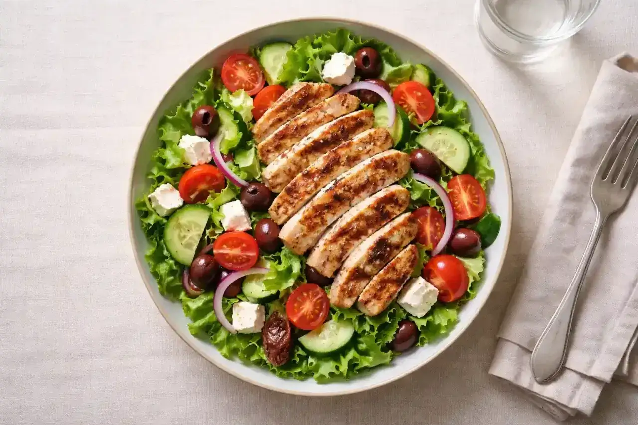 En fräsch kycklingsallad med tomat, gurka, oliver och fetaost. Ett perfekt tareq taylor recept för en lätt lunch.