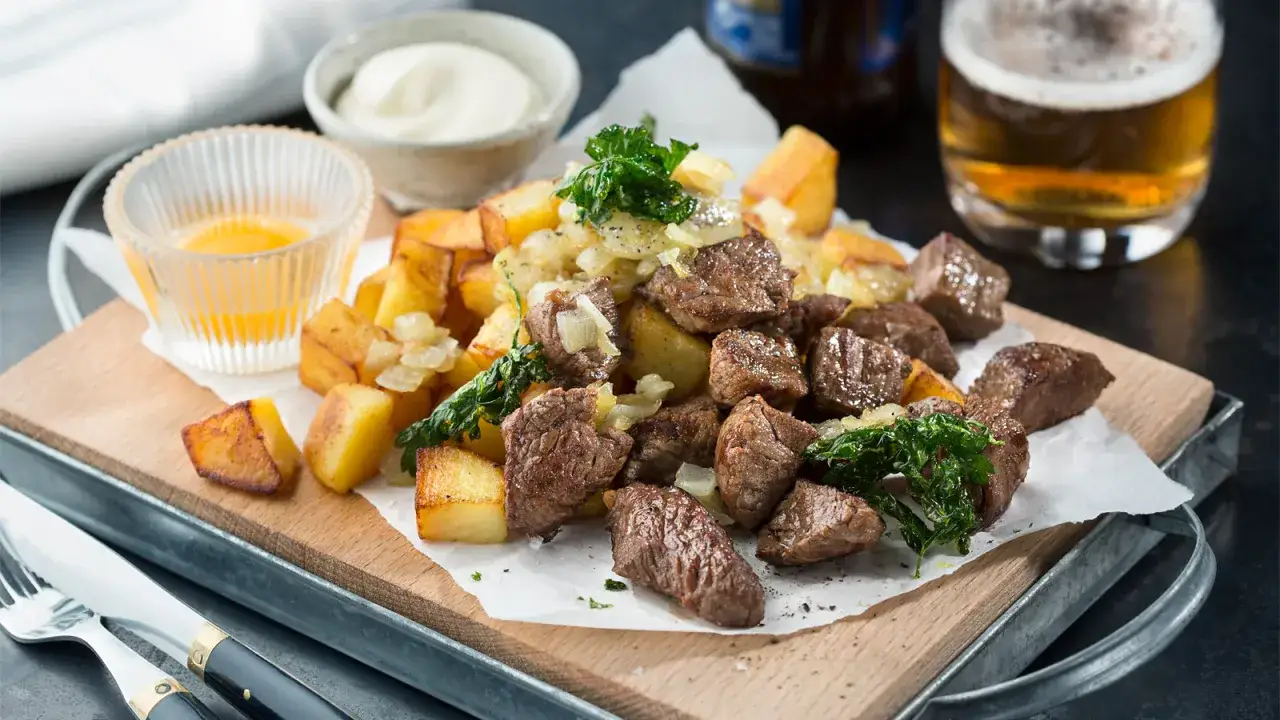 Biff Rydberg med stekt potatis, l&ouml;k och en skv&auml;tt &auml;ggula. En klassiker som smakar lika gott idag.