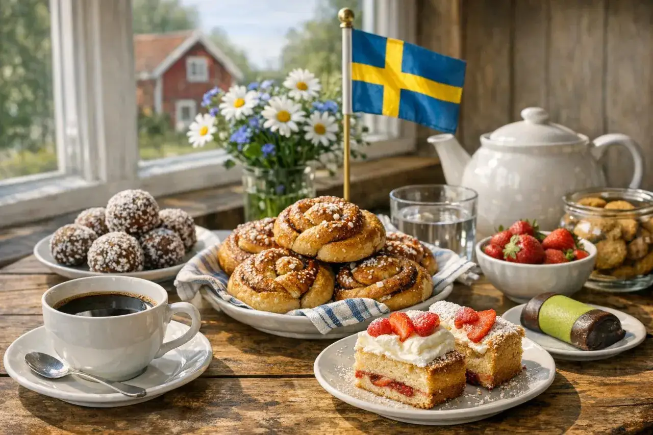 En svensk fika med kanelbullar, chokladbollar och jordgubbstårta. Enkla bakverk som passar perfekt till kaffet.
