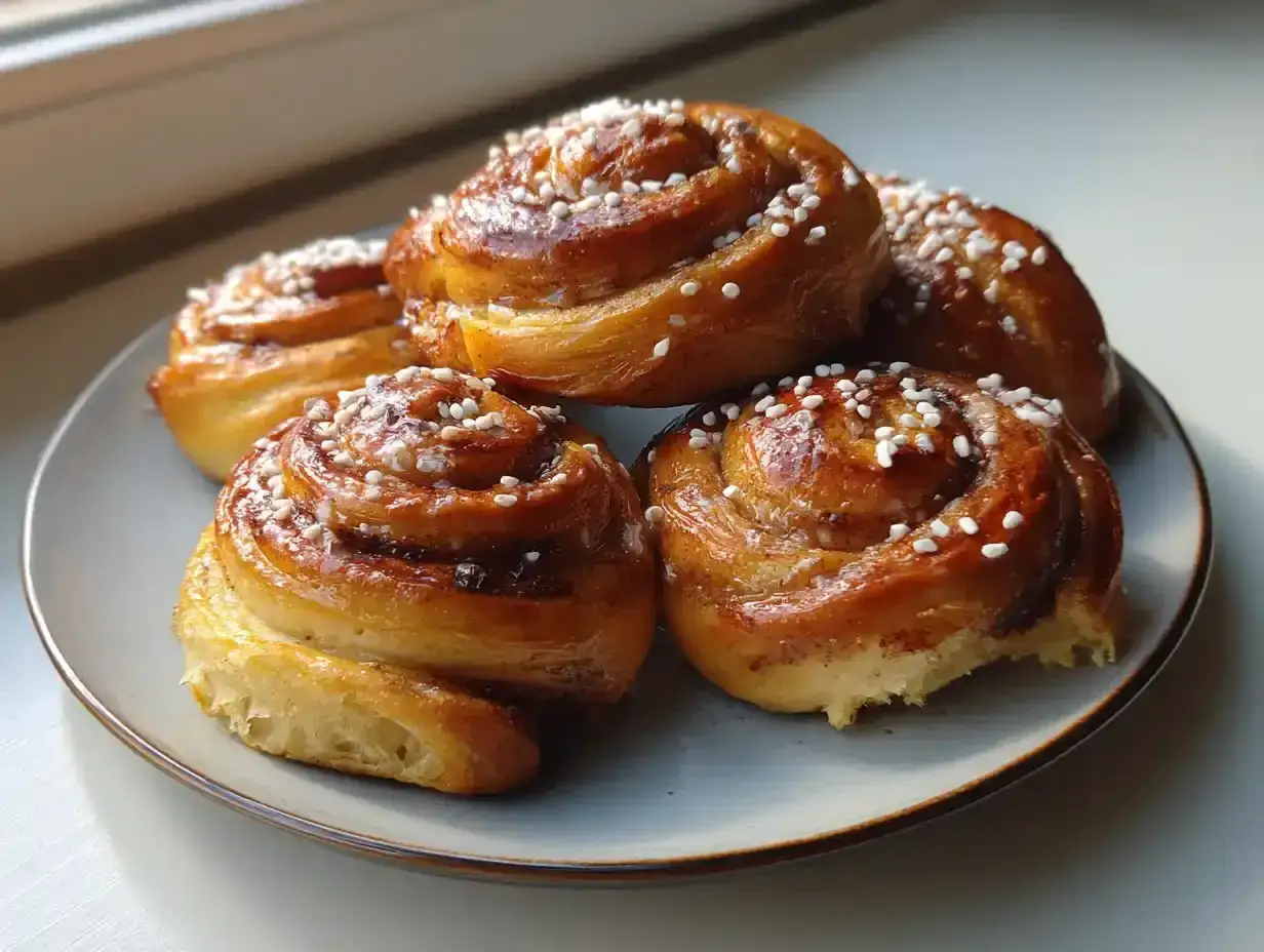 Nybakade kanelbullar med pärlsocker, perfekta för ett mysigt fika. Ett enkelt kanelbullar recept att följa.