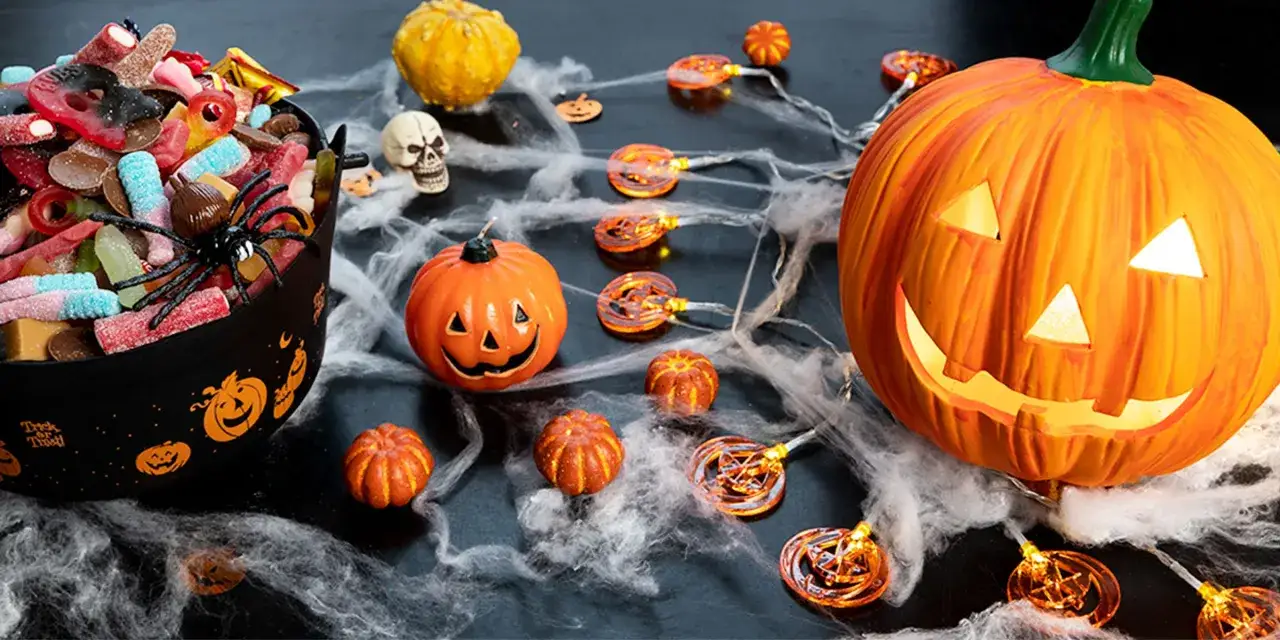 En skr&auml;mmande godisburk, pumpor och spindeln&auml;t f&ouml;r en perfekt halloween i Irland.