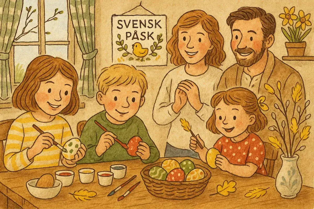 Familjen m&aring;lar p&aring;sk&auml;gg inf&ouml;r p&aring;sken 2027. En skylt med 