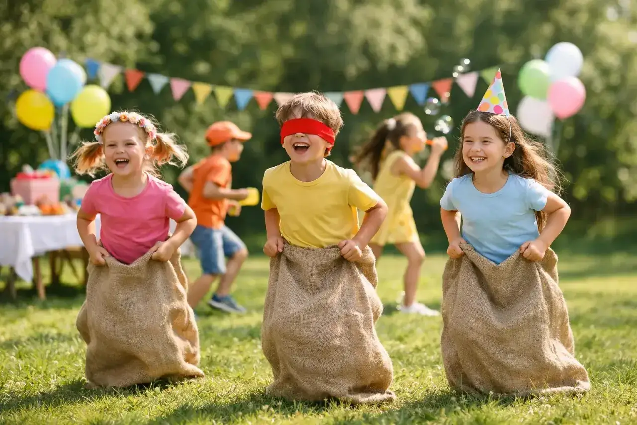 Barn njuter av s&auml;ckhoppning, en klassisk utomhusaktivitet, p&aring; en solig dag. Festliga girlanger och ballonger skapar en glad st&auml;mning.