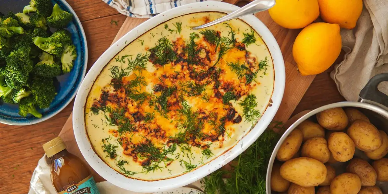 En gratinerad torskrygg i ugn med dill och ost, serverad med kokt potatis och broccoli. En härlig middag!