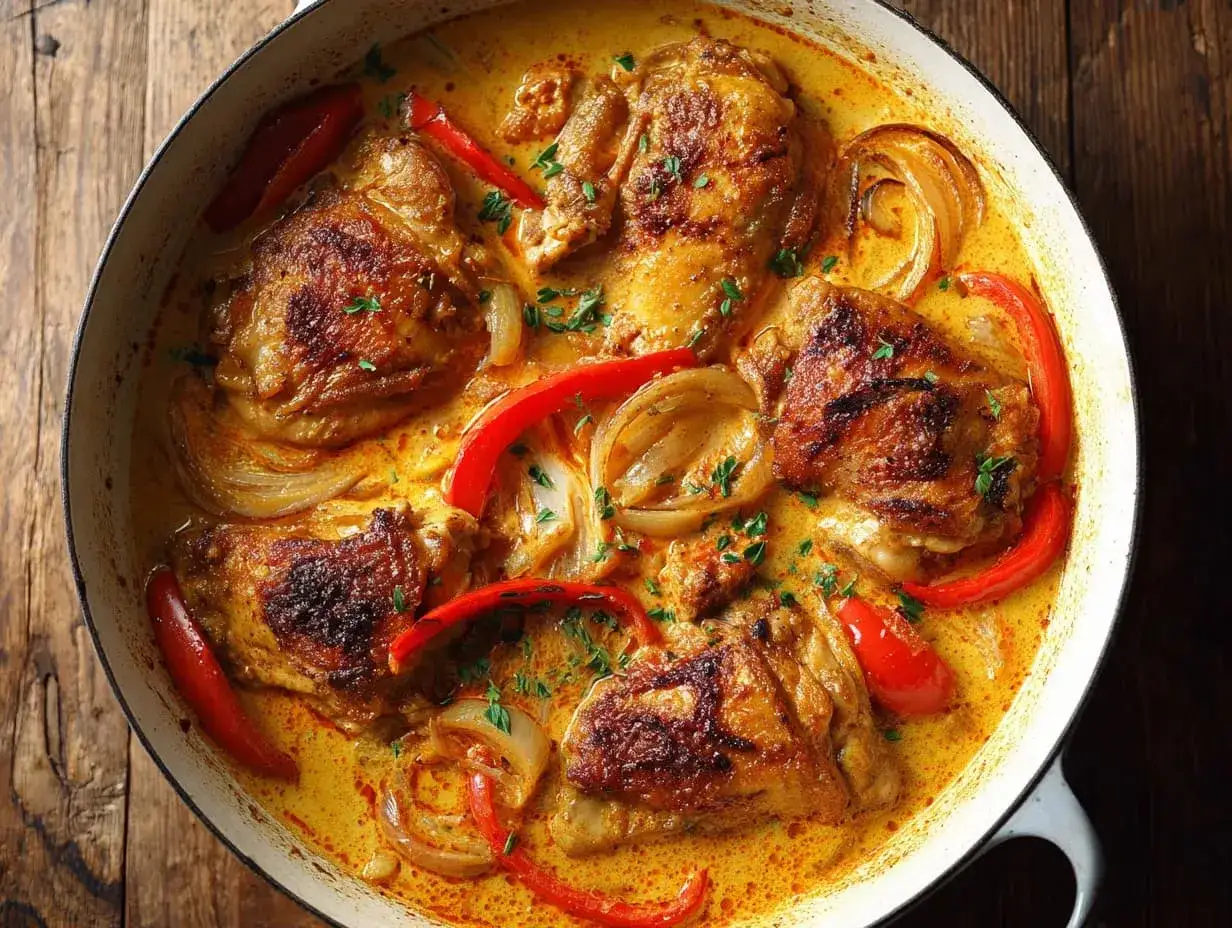 En gryta med kycklinglårfilé i en krämig sås med paprika och lök. Ett härligt kycklinglårfile recept som ser utsökt ut.