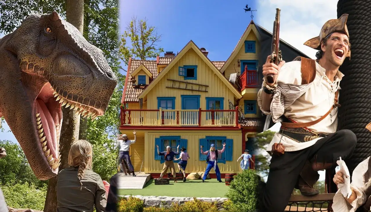 Tivoli Sverige: en dinosaurie m&ouml;ter pirater framf&ouml;r ett gult hus.