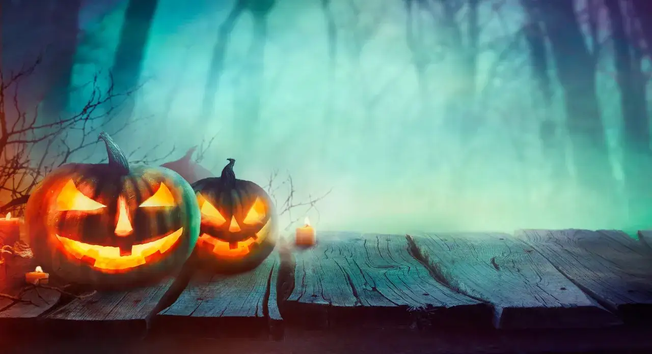 Tv&aring; l&auml;skiga pumpor lyser upp en tr&auml;b&auml;nk i en dimmig skog. En perfekt scen f&ouml;r en halloween dag.