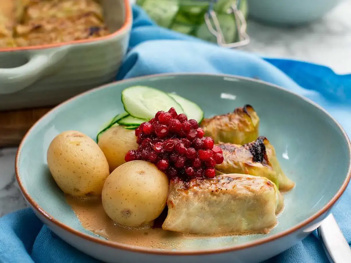 Kåldolmar recept: Varma kåldolmar med kokt potatis, lingon och gurka. En klassisk svensk rätt som ser utsökt ut.