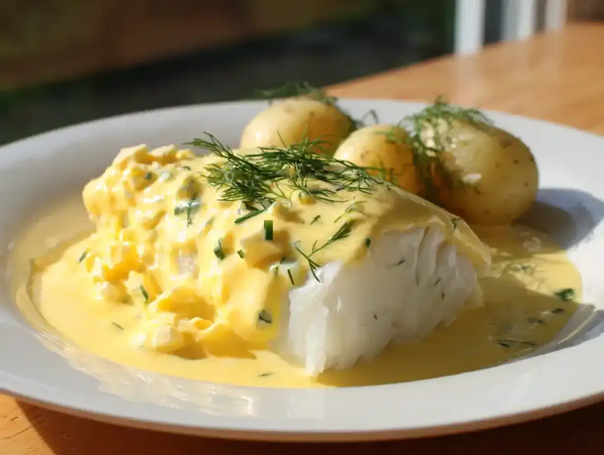 En portion rimmad torsk med kr&auml;mig hollandaises&aring;s och dill, serverad med sm&aring;, kokta potatisar. En klassisk svensk r&auml;tt.