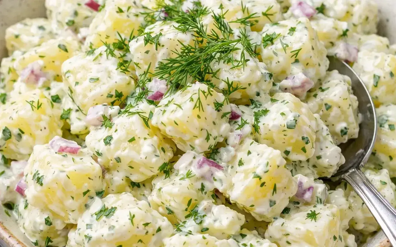 Enkel potatissallad med dill och rödlök, krämig och full av smak. Perfekt till grillat!