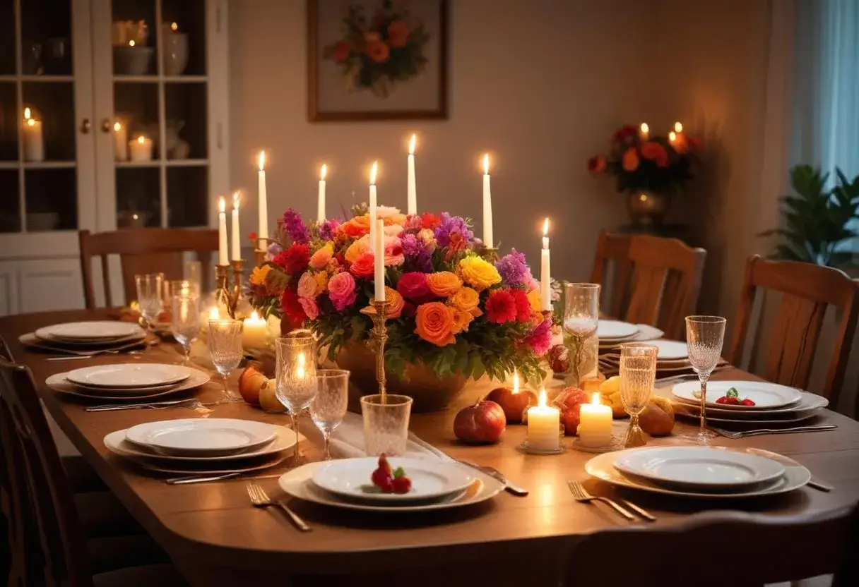 Vackert dukat bord med blommor och ljus f&ouml;r en mysig middag. Perfekt f&ouml;r bordslekar.