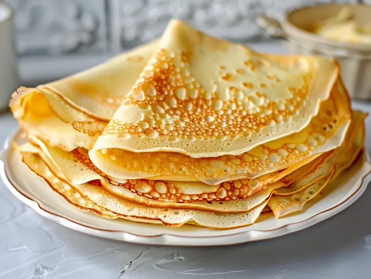 En hög med gyllene, tunna svenska pannkakor på en vit tallrik, redo att avnjutas med sylt och grädde.