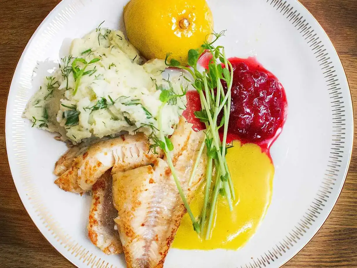 Stekt abborre med dillstuvad potatis, lingon och en citronklyfta. Ett klassiskt abborre recept som passar alla.
