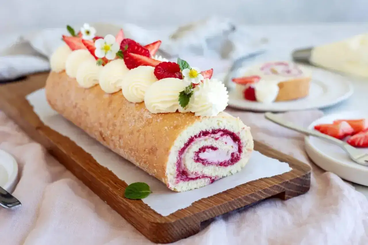 En vacker rulltårta med hallonfyllning och grädde, toppad med färska bär och blommor. Perfekt för ett somrigt rulltårta recept.