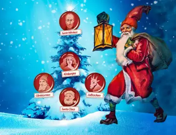 En julgran med porträtt av Sankt Nikolaus, Kinkenjes, Gårdstomten, Julbocken och Santa Claus. En tomte med lykta och säck. En visuell resa för att förstå var kommer tomten ifrån.