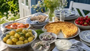 En härlig midsommar afton-buffé med sill, lax, färskpotatis, paj och jordgubbar dukas upp utomhus.