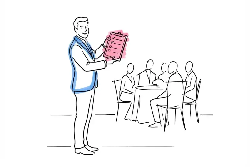 En man presenterar en checklista för en grupp vid ett bord. Kanske är det en plan för roliga spex till festen!
